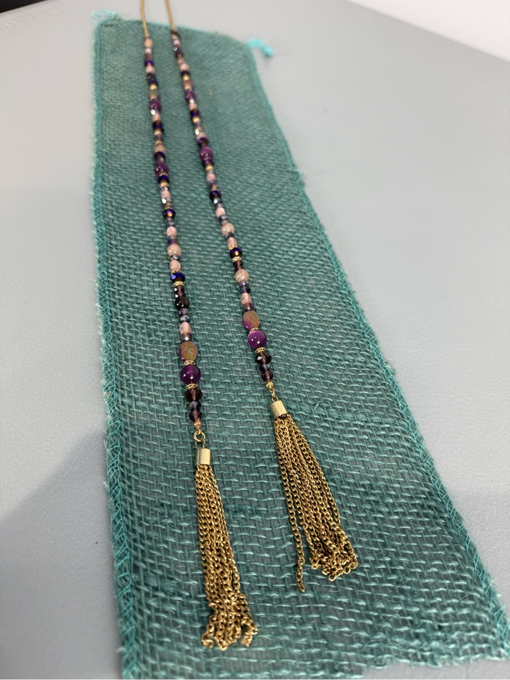 Gold Tone Double Strand Purple Round Bead Tassel Necklace Cable Chain 21”